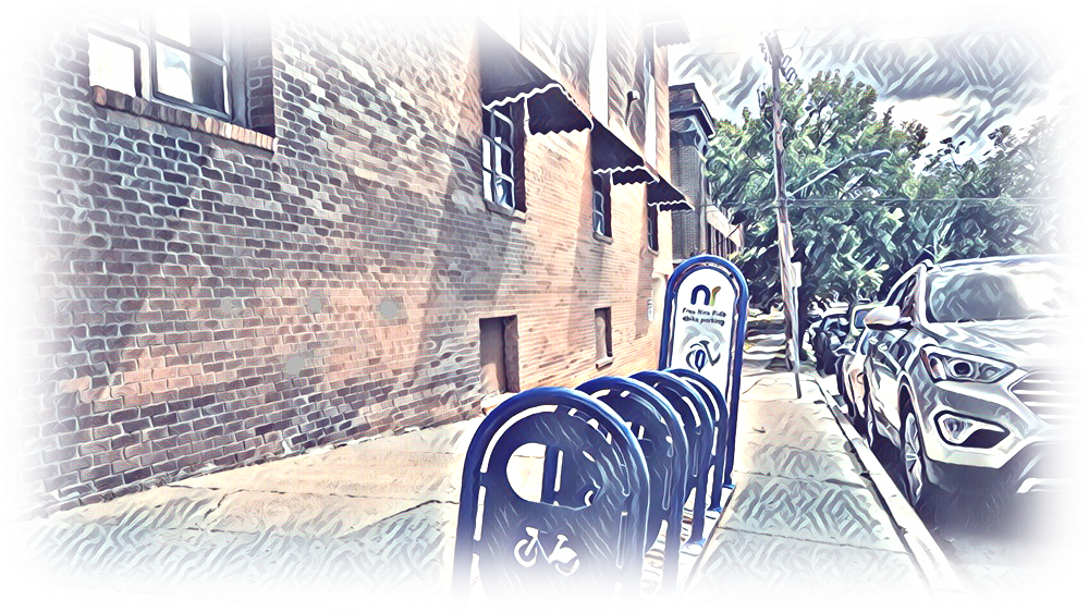 illustration of bike rack outside uptown office park building